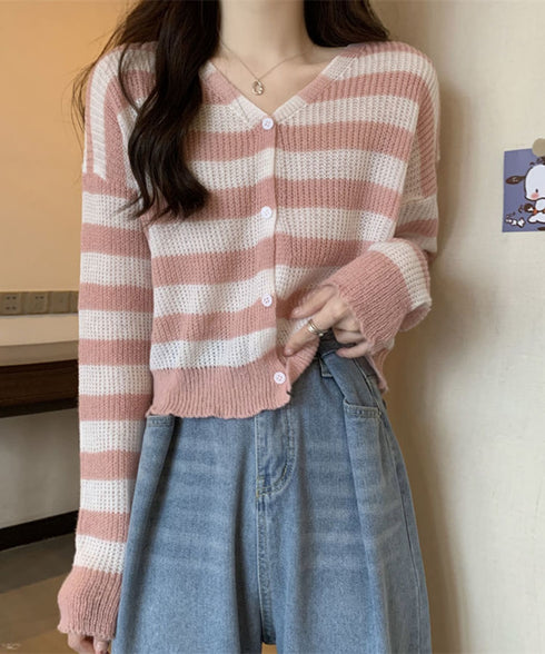 ワイドボーダー編みニットカーディガン